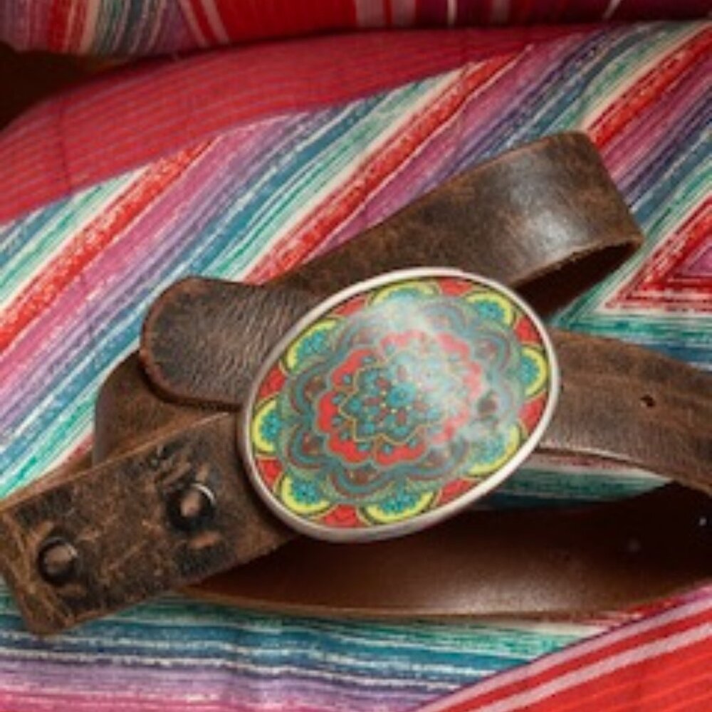 Vintage Brown Leather Belt with Red & Green Oval Buckle, great with jeans